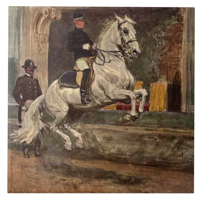 Weißer Lipizzan Stallion Croupade Fliese (Vorderseite)
