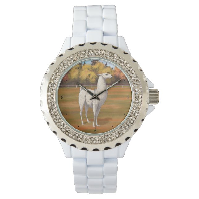 Weißer Llama im Herbst Armbanduhr (Vorderseite)