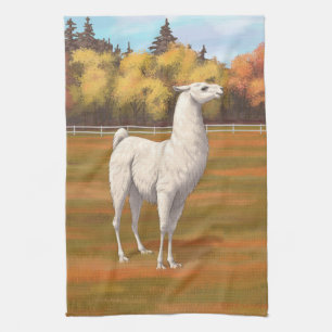 Weißer Llama im Herbst Geschirrtuch