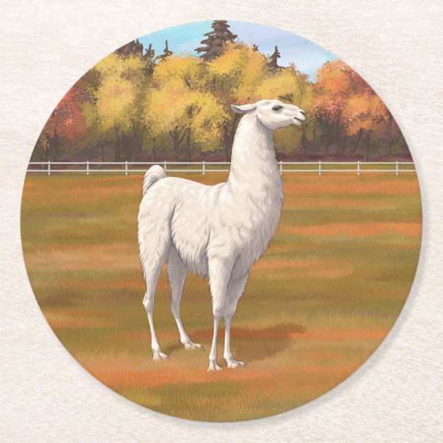 Weißer Llama im Herbst Runder Pappuntersetzer (Vorderseite)