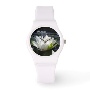 Weißer Lotus auf Sporty Watch, weißer Silikonstrei Armbanduhr