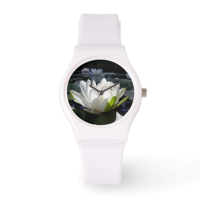 Weißer Lotus auf Sporty Watch, weißer Silikonstrei Armbanduhr (Vorderseite)