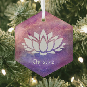 Weißer Lotus-Blume auf kosmischen Orangenrosa Neb Ornament Aus Glas