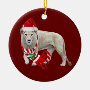 Weißer Löwe mit Hutschuh Weihnachten Keramik Ornament
