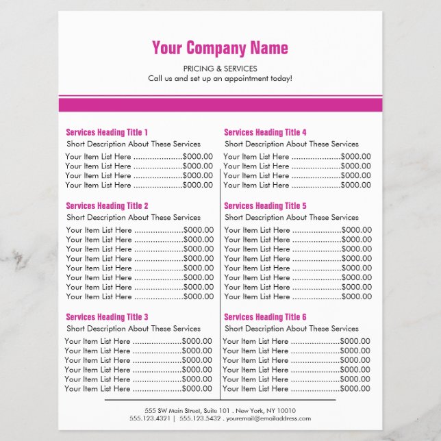 Weißer Magenta Einfache Grenzpreisliste 6 Flyer (Vorne)