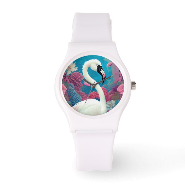 Weißer majestätischer Flamingo Armbanduhr (Vorderseite)