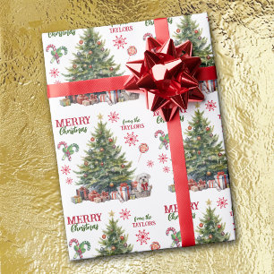 Weißer Malteserhund unter dem Weihnachtsbaum Geschenkpapier
