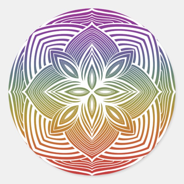 Weißer Mandala-Aufkleber auf Regenbogen Runder Aufkleber (Vorderseite)
