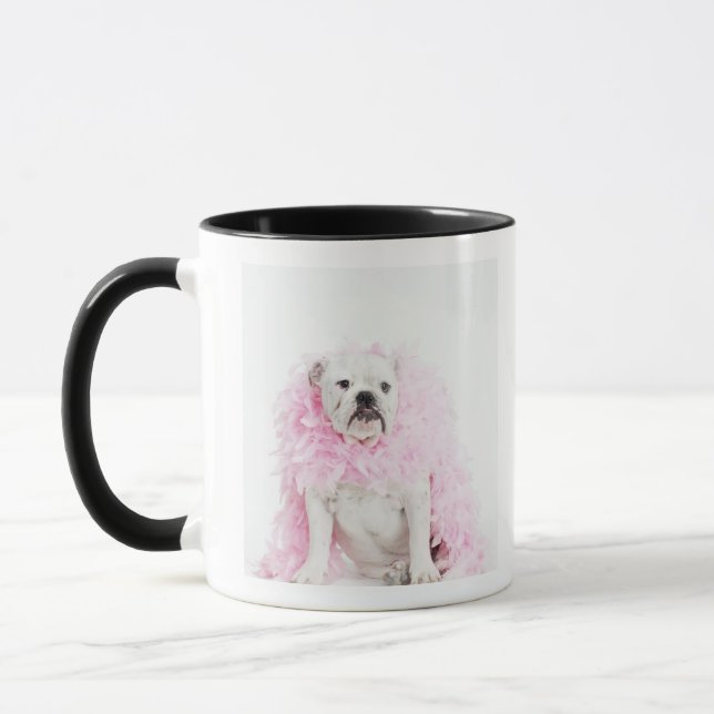 Weißer männlicher Hund mit rosa Boa Tasse (Links)