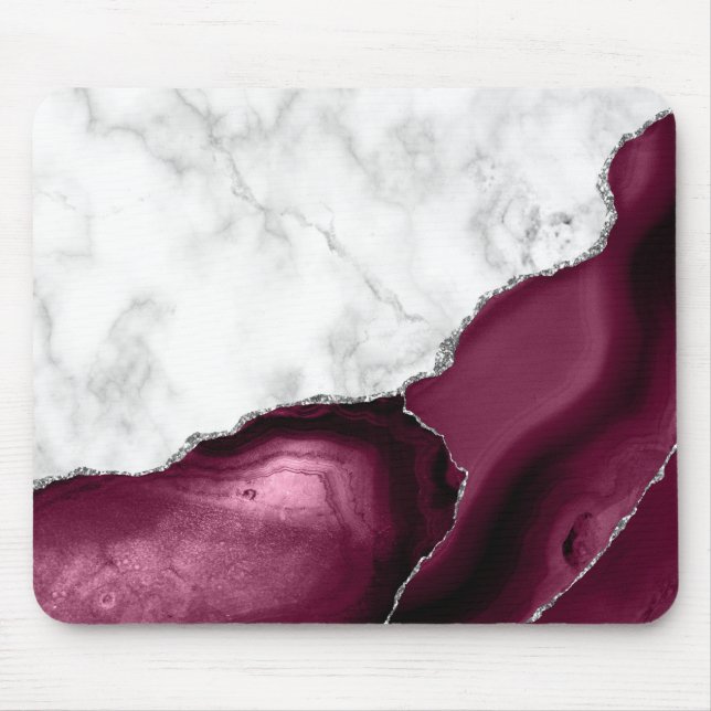 Weißer Marmor Burgundy Silver Agate Mousepad (Vorne)