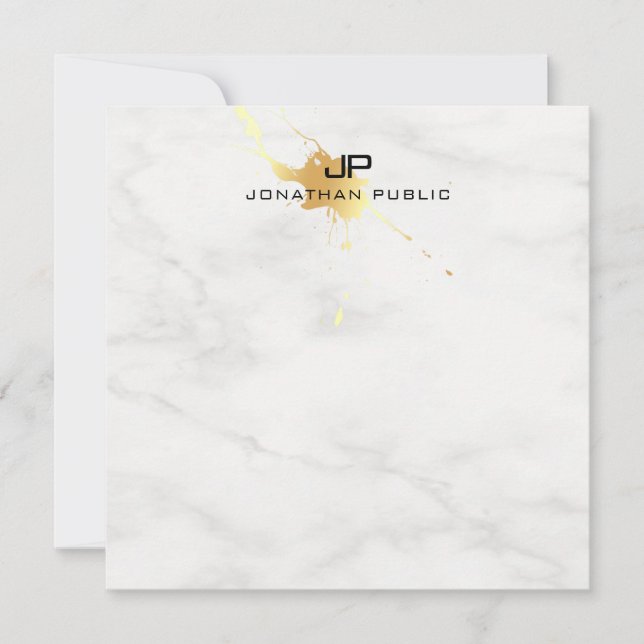 Weißer Marmor Eleganter Gold Splash Modernes Monog Mitteilungskarte (Vorderseite)