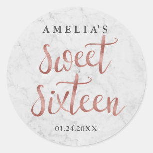 Weißer Marmor-Faux-Roségold-Sweet-Sixteen-Aufklebe Runder Aufkleber