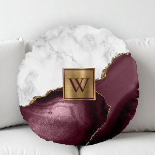 Weißer Marmor Gilded Burgundy Agate Monogram Rundes Kissen