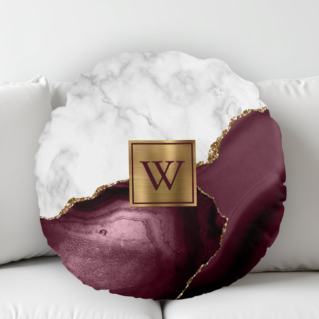 Weißer Marmor Gilded Burgundy Agate Monogram Rundes Kissen (Von Creator hochgeladen)