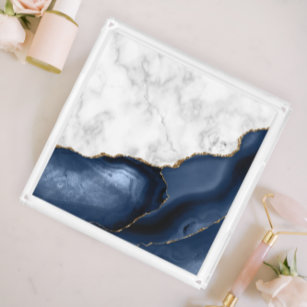 Weißer Marmor Gilded Navy Blue Agate Acryl Tablett