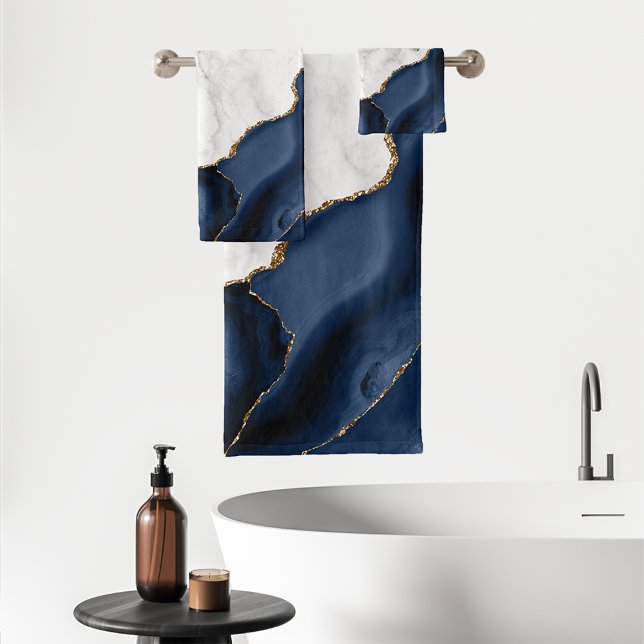 Weißer Marmor Gilded Navy Blue Agate Badhandtuch Set (Von Creator hochgeladen)