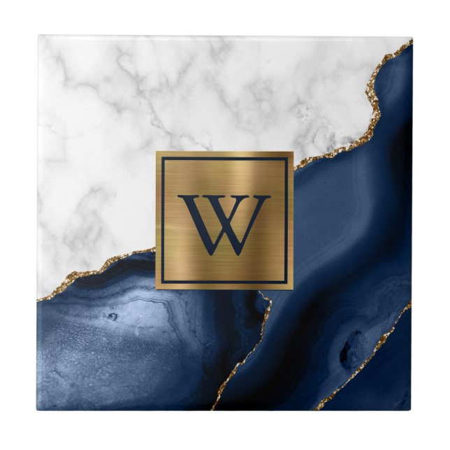 Weißer Marmor Gilded Navy Blue Agate Monogram Fliese (Vorderseite)