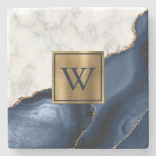 Weißer Marmor Gilded Navy Blue Agate Monogram Steinuntersetzer