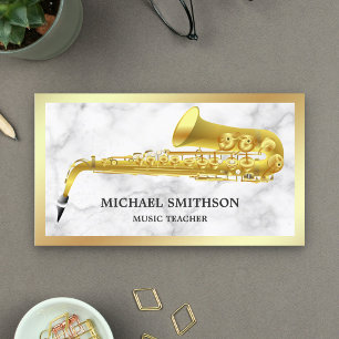 Weißer Marmor Goldfolie Saxophon Musiklehrer Visitenkarte