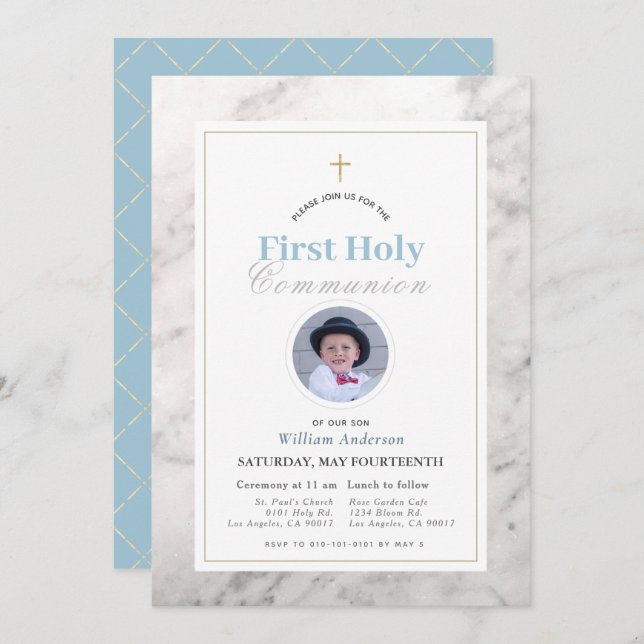 Weißer Marmor Junge Foto Erste Heilige Kommune Einladung (Vorne/Hinten)