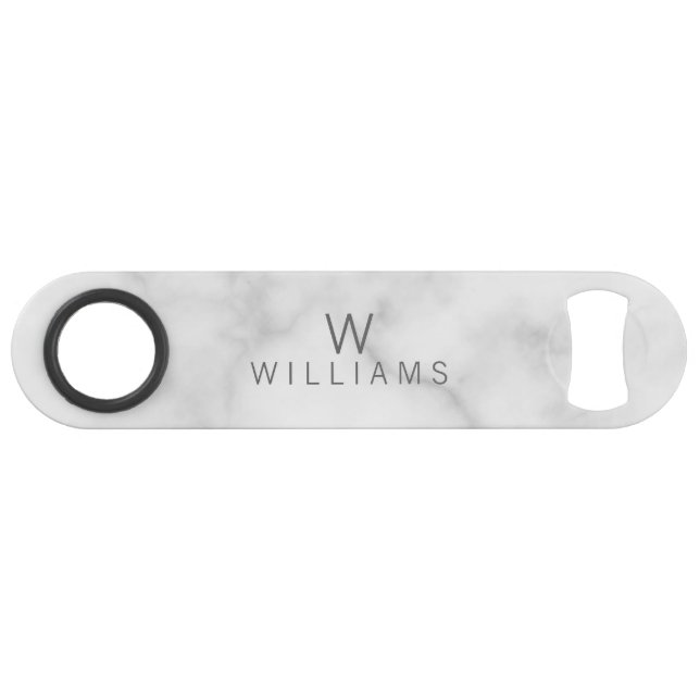 Weißer Marmor mit Personalisiertem Monogramm und N Speed Flaschenöffner (Vorderseite (Horizontal))