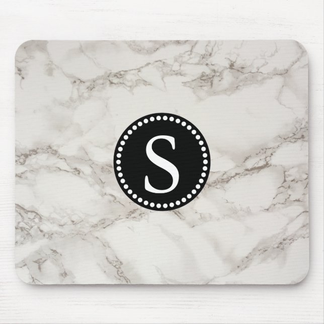 Weißer Marmor mit schwarzem Monogramm Mousepad (Vorne)