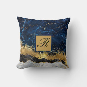 Weißer Marmor Navy Blau Gold Achat Monogramm Throw Kissen