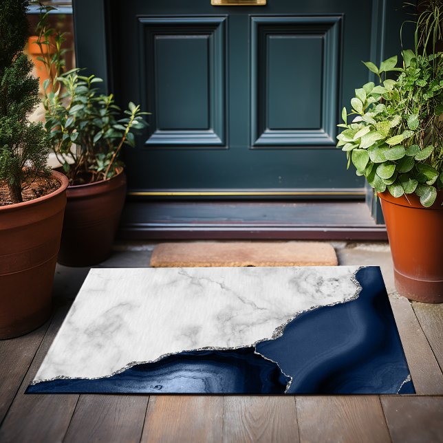 Weißer Marmor Navy Blue Agate Silver Glitzer Fußmatte (Von Creator hochgeladen)