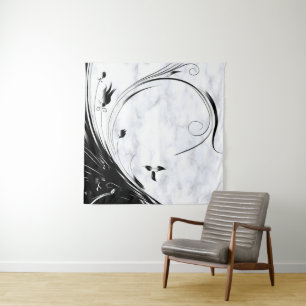 Weißer Marmor, schwarze Filigree Grafik Wandteppich