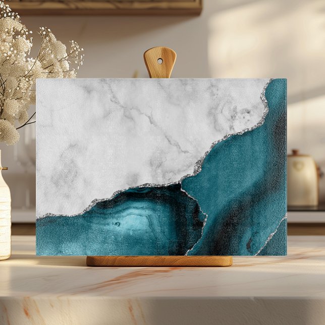 Weißer Marmor Silver Glitzer Aquamarin Blue Agate Schneidebrett (Von Creator hochgeladen)