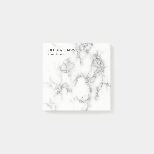 Weißer Marmor Silver Glitzer Post-it Klebezettel (Vorderseite)