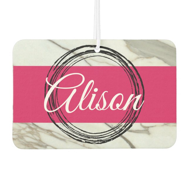 Weißer Marmor und Fuchsienrosa tragen den Namen. Autolufterfrischer (Vorderseite)