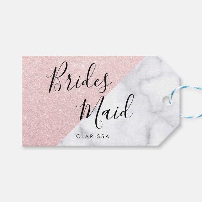 Weißer Marmor und Rose Goldmedaille Glitzer Brides Geschenkanhänger (Vorderseite (Horizontal))