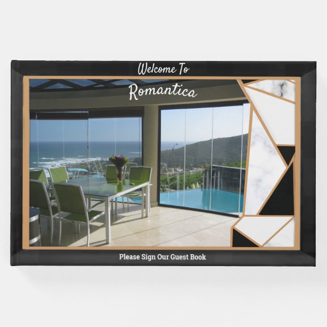 Weißer Marmorsalat mit Onyx-Schwarz-abstrakt Gästebuch (Vorderseite)