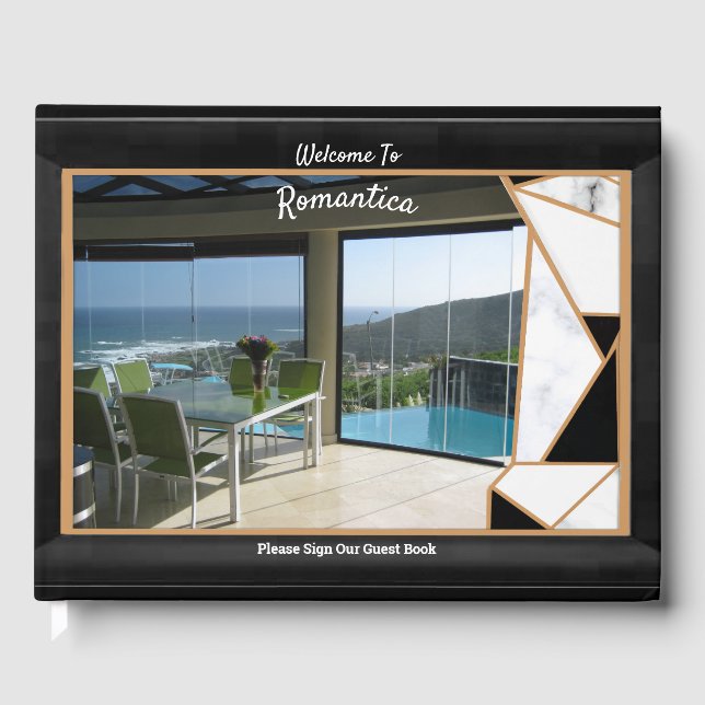 Weißer Marmorsalat mit Onyx-Schwarz-abstrakt Gästebuch (Vorderseite)