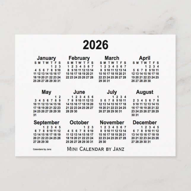Weißer Mini-Kalender 2026 von Janz Postkarte (Vorderseite)