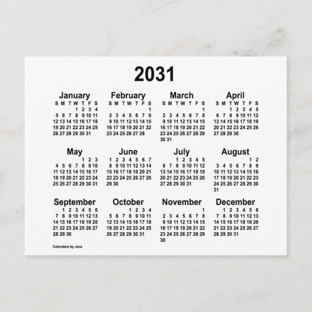 Weißer Mini-Kalender 2031 von Janz Postkarte (Vorderseite)