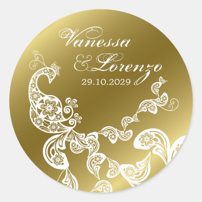 Weißer mit Blumenpfau Boho eleganter Runder Aufkleber (Vorderseite)