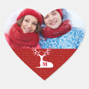 Weißer Mit Monogramm Rentier mit Foto Herz-Aufkleber