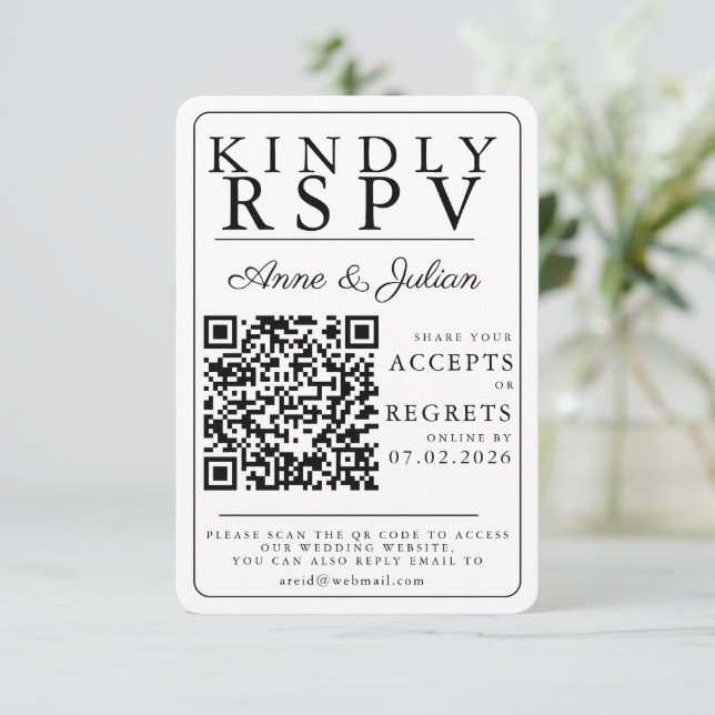 Weißer moderner Foto-RSVP-Einsatz QR-Code RSVP Karte (Stehend Vorderseite)