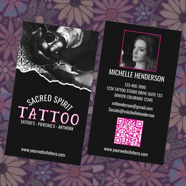 Weißer moderner Text 2 Foto QR-Code Tätowierer Visitenkarte (Von Creator hochgeladen)