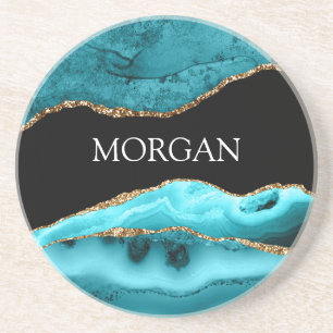 Weißer Name auf Schwarz, Gold & Teal Achat Getränkeuntersetzer