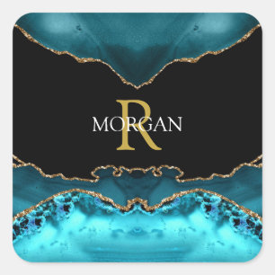 Weißer Name und Goldmonogramm, Aquamariner Goldsch Quadratischer Aufkleber