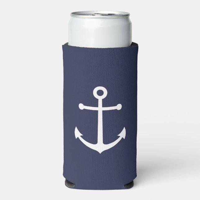 Weißer Nautikanker auf Navy Blue Can Cooler Selters Dosenkühler (Seltzer Vorderseite)