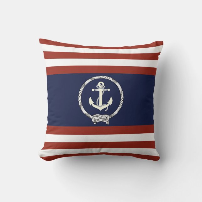 Weißer Nautikanker/Seeknoten/rot/blauer Streifen Kissen (Vorderseite)
