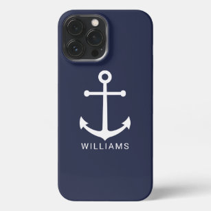 Weißer Nautikanker und Individuelle Name auf Navy  iPhone 13 Pro Max Hülle