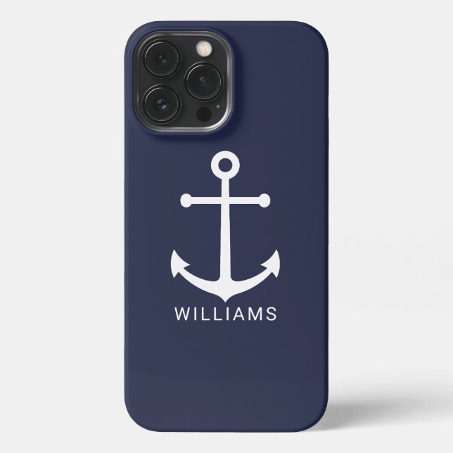 Weißer Nautikanker und Individuelle Name auf Navy  iPhone Hülle (Rückseite)