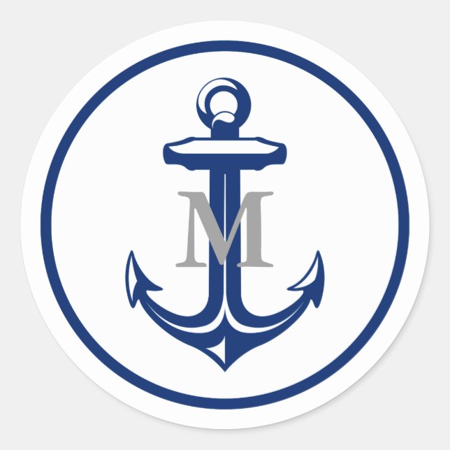 Weißer Navy Blauer Anchor | MIT MONOGRAMM Runder Aufkleber (Vorderseite)