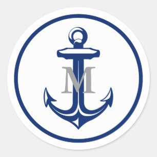 Weißer Navy Blauer Anchor   MIT MONOGRAMM Runder Aufkleber