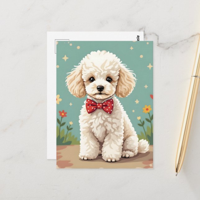 Weißer niedlicher Pudel mit Fliege Postkarte (Vorderseite/Rückseite Beispiel)